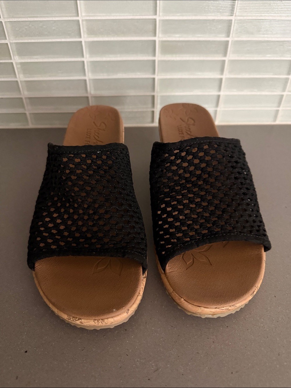 Skechers Black Woven Slide Mules with Tan Footbed